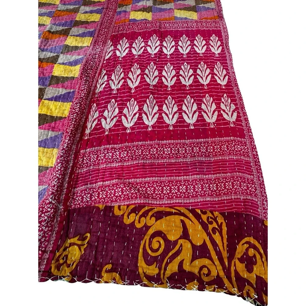 Handmade Kantha Quilt Throw Blanket Reversible Parchwork Boho Cottagecore 48x86
